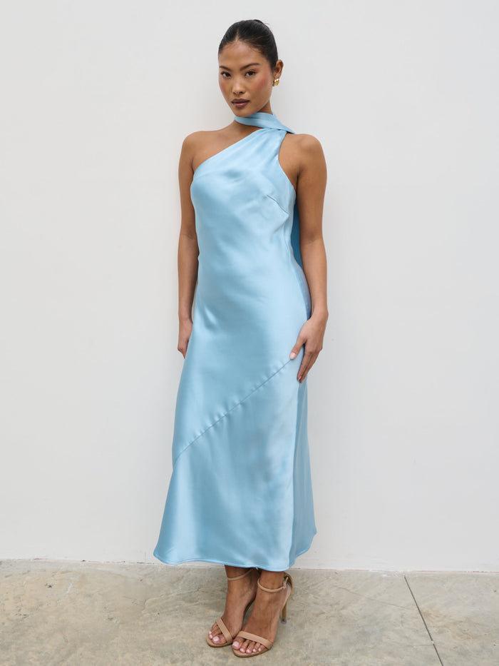 Elle Is 5'3" & Wears Size UK 6|Sheree One Shoulder Scarf Midaxi Dress - Sky Blue