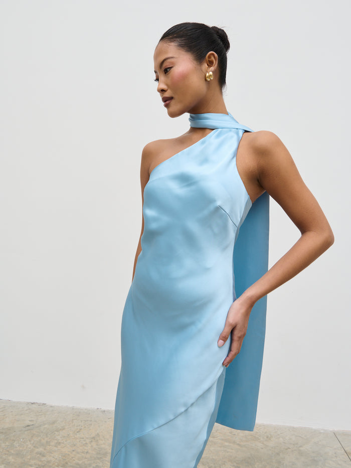 Elle Is 5'3" & Wears Size UK 6|Sheree One Shoulder Scarf Midaxi Dress - Sky Blue