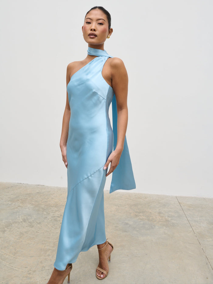 Elle Is 5'3" & Wears Size UK 6|Sheree One Shoulder Scarf Midaxi Dress - Sky Blue