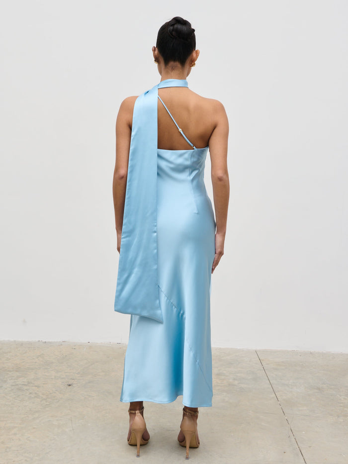 Elle Is 5'3" & Wears Size UK 6|Sheree One Shoulder Scarf Midaxi Dress - Sky Blue