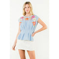 Short Sleeve Floral Embroidery Top | Light Blue