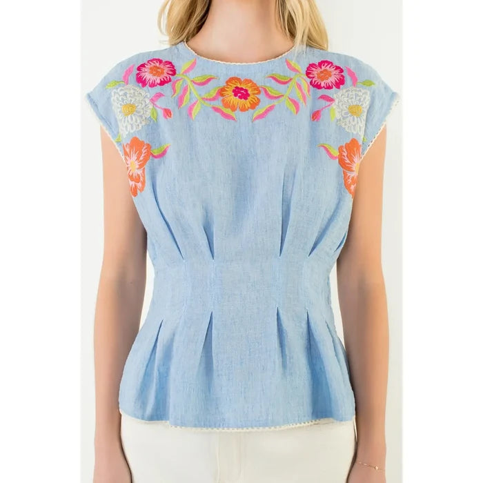 Short Sleeve Floral Embroidery Top | Light Blue