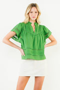 THML Short Sleeve Lace Detail V-Neck Top | Green