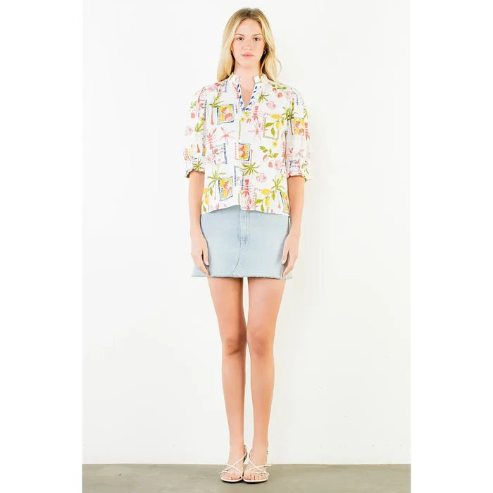 Short Sleeve Multi-Patterned Print Top | White Summer Print