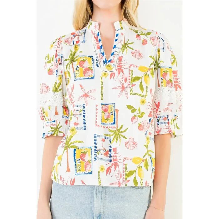 Short Sleeve Multi-Patterned Print Top | White Summer Print
