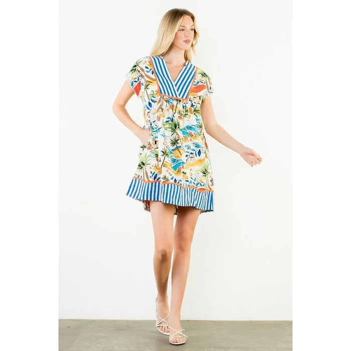Short Sleeve Tropical Print Dress