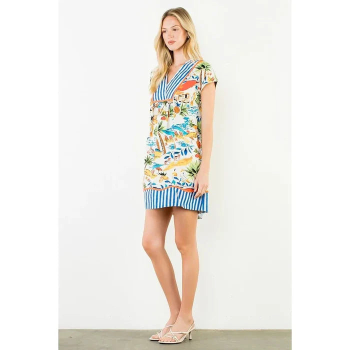 Short Sleeve Tropical Print Dress