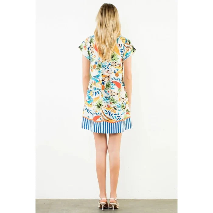 Short Sleeve Tropical Print Dress