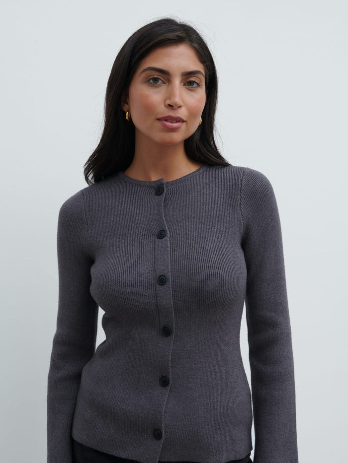 Lygia Is 5'9" & Wears Size UK S|Shyla Fitted Knit Cardigan - Charcoal