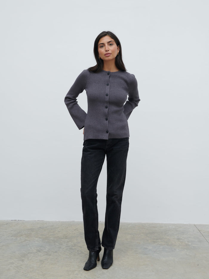Lygia Is 5'9" & Wears Size UK S|Shyla Fitted Knit Cardigan - Charcoal