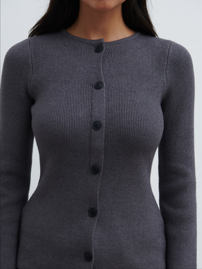 Lygia Is 5'9" & Wears Size UK S|Shyla Fitted Knit Cardigan - Charcoal