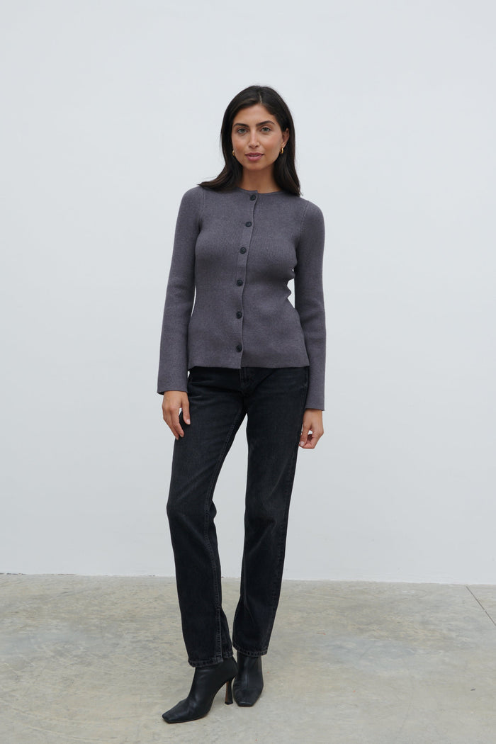 Lygia Is 5'9" & Wears Size UK S|Shyla Fitted Knit Cardigan - Charcoal