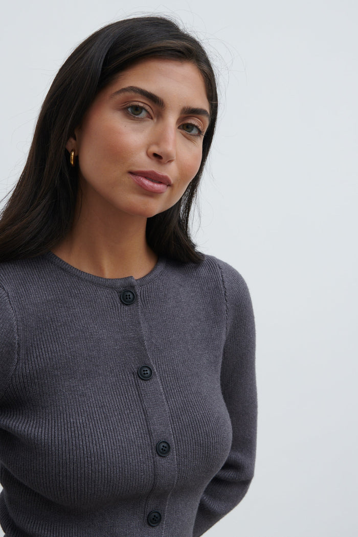 Lygia Is 5'9" & Wears Size UK S|Shyla Fitted Knit Cardigan - Charcoal