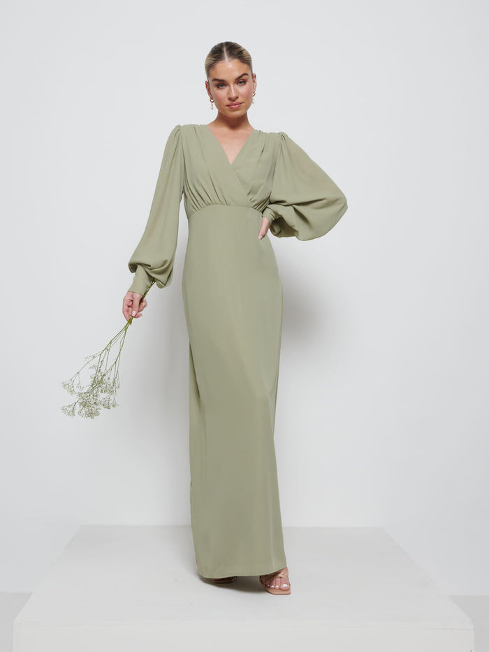 Taylor Is 5'9" & Wears Size UK 8|Sienna Chiffon Bridesmaid Dress - Olive