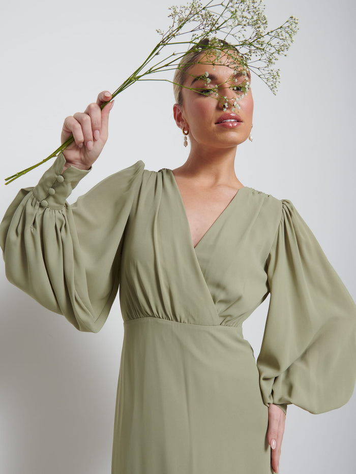 Taylor Is 5'9" & Wears Size UK 8|Sienna Chiffon Bridesmaid Dress - Olive