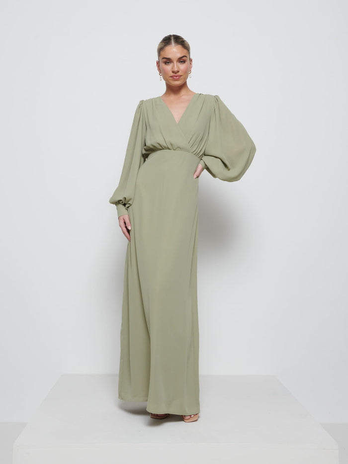 Taylor Is 5'9" & Wears Size UK 8|Sienna Chiffon Bridesmaid Dress - Olive
