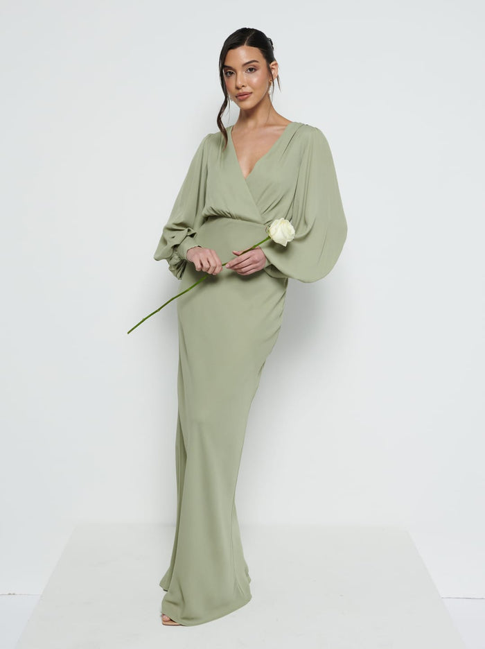 Marina Is 5'7.5" & Wears Size UK 8|Sienna Chiffon Bridesmaid Dress - Olive