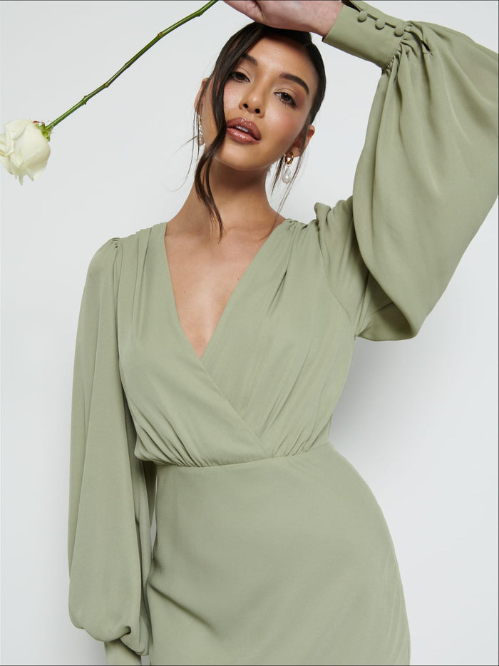 Marina Is 5'7.5" & Wears Size UK 8|Sienna Chiffon Bridesmaid Dress - Olive