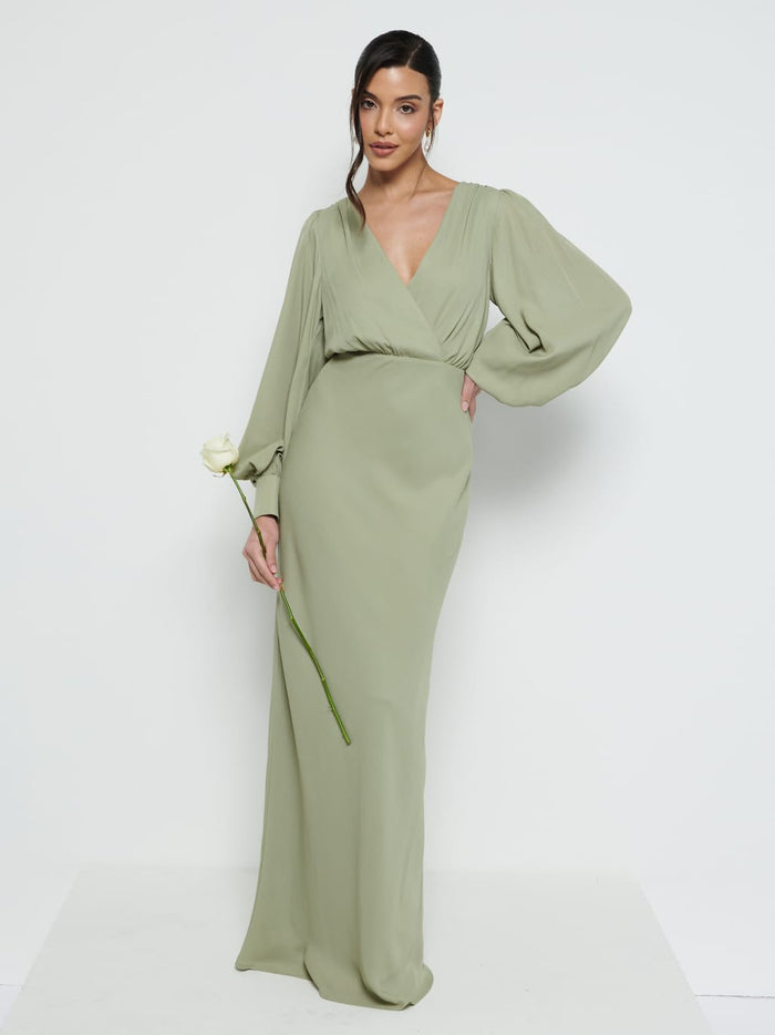Marina Is 5'7.5" & Wears Size UK 8|Sienna Chiffon Bridesmaid Dress - Olive