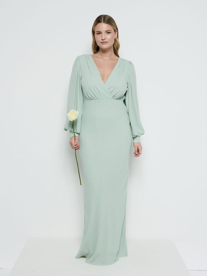 Theo Is 5'8.5" & Wears Size UK 12|Sienna Chiffon Bridesmaid Dress - Sage