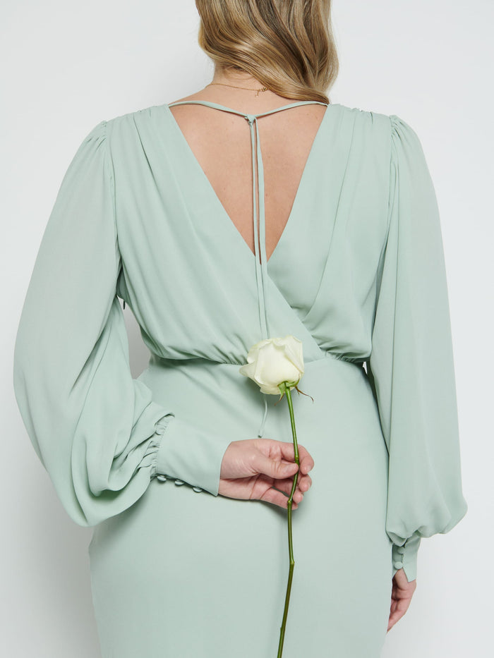 Theo Is 5'8.5" & Wears Size UK 12|Sienna Chiffon Bridesmaid Dress - Sage