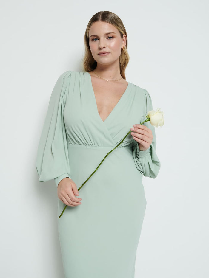 Theo Is 5'8.5" & Wears Size UK 12|Sienna Chiffon Bridesmaid Dress - Sage