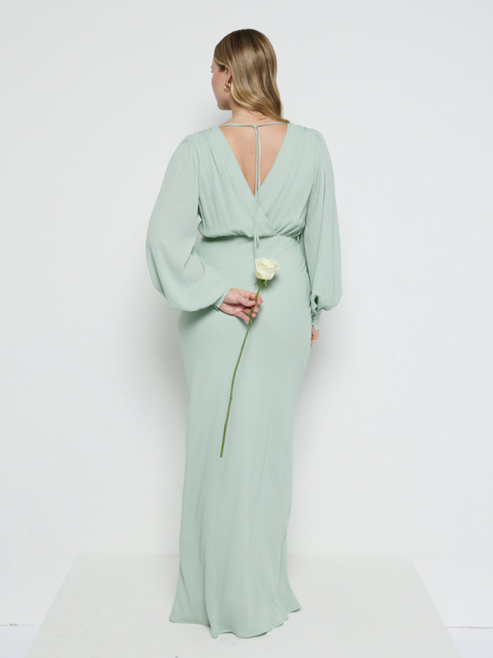 Theo Is 5'8.5" & Wears Size UK 12|Sienna Chiffon Bridesmaid Dress - Sage