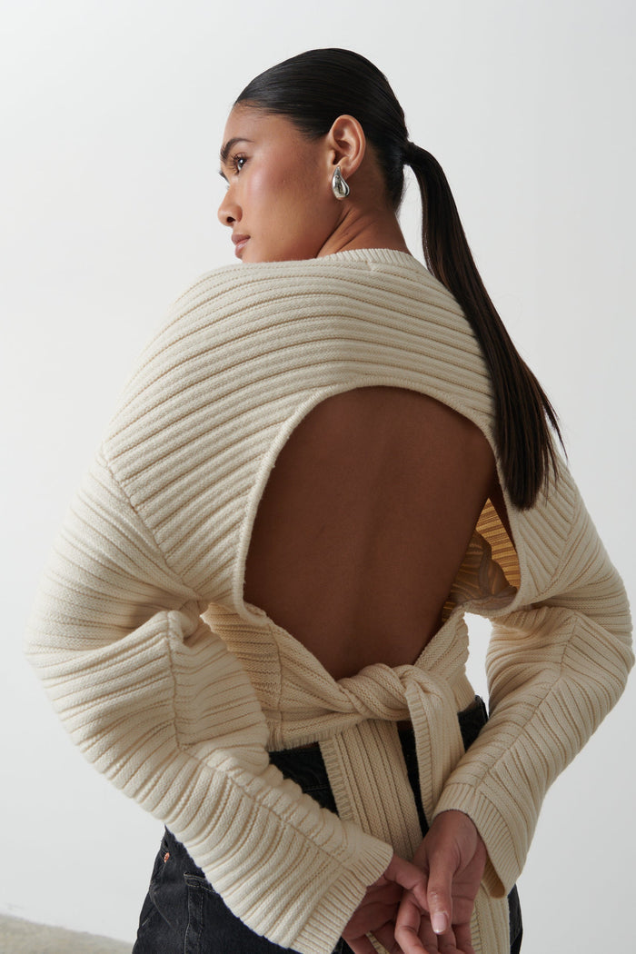 Candy Is 5'6" & Wears Size UK S|Simone Tie Back Jumper - Cream