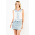 Sleeveless Floral Embroidery Detail Top | White/Blue