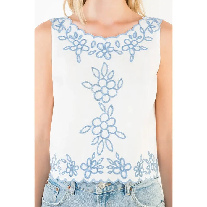 Sleeveless Floral Embroidery Detail Top | White/Blue