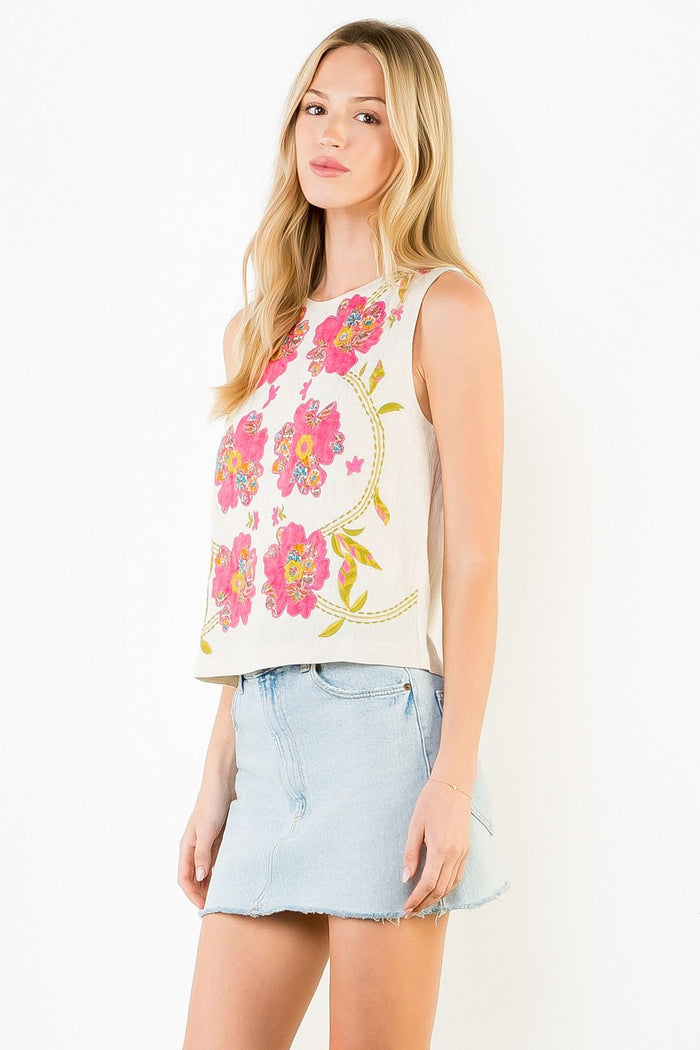 THML Sleeveless Floral Top | Natural
