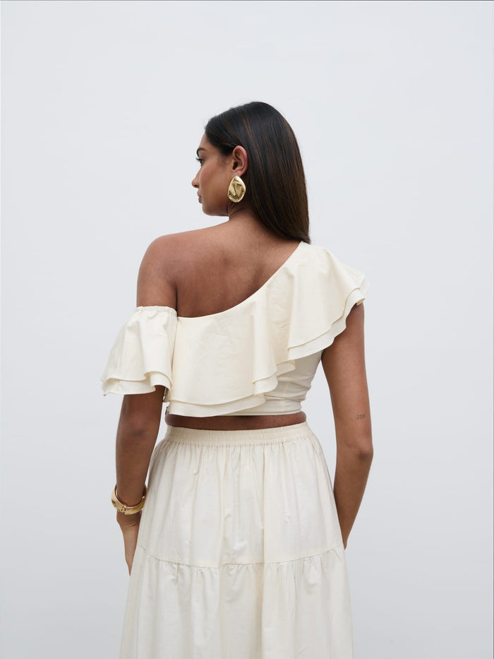 Sachi Is 5’7” & Wears Size UK 8|Sol Ruffle Cropped Top - Natural