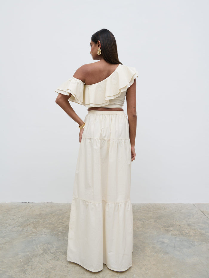 Sachi Is 5’7” & Wears Size UK 8|Sol Ruffle Cropped Top - Natural
