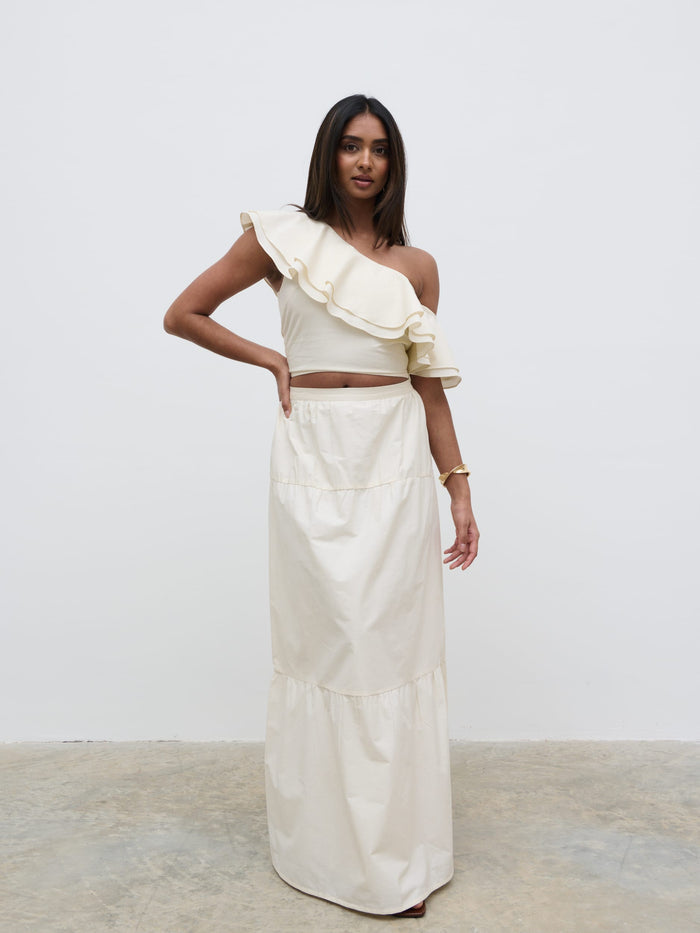 Sachi Is 5’7” & Wears Size UK 8|Sol Ruffle Maxi Skirt - Natural