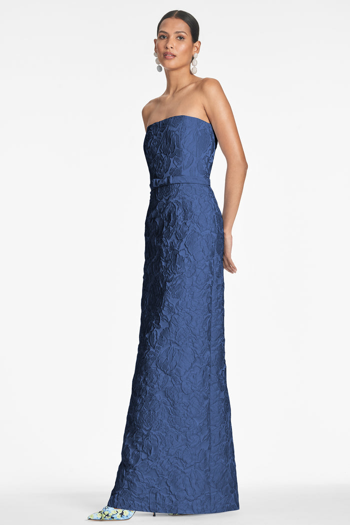 SOPHIA MIDNIGHT BLUE JACQUARD COLUMN GOWN