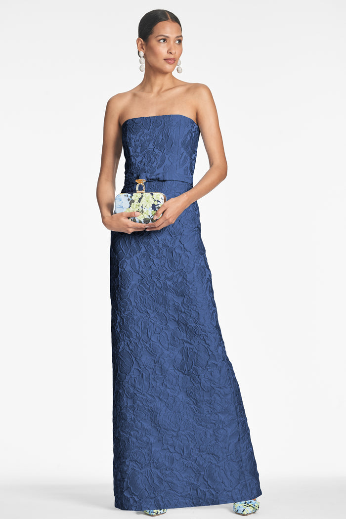 SOPHIA MIDNIGHT BLUE JACQUARD COLUMN GOWN
