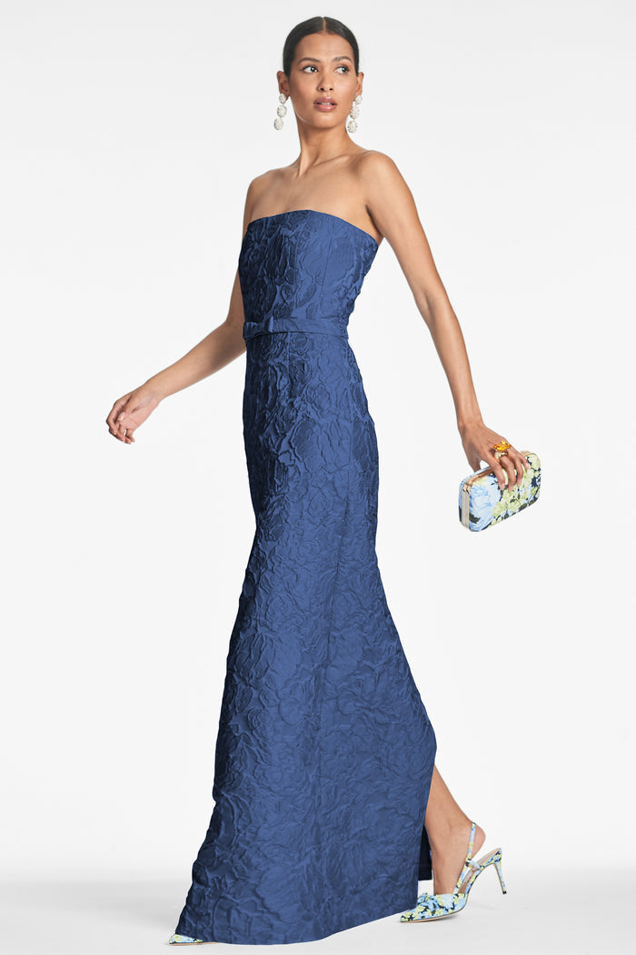 SOPHIA MIDNIGHT BLUE JACQUARD COLUMN GOWN