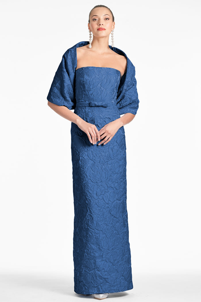 SOPHIA MIDNIGHT BLUE JACQUARD COLUMN GOWN