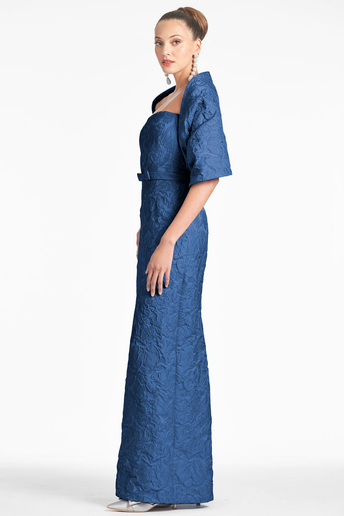 SOPHIA MIDNIGHT BLUE JACQUARD COLUMN GOWN