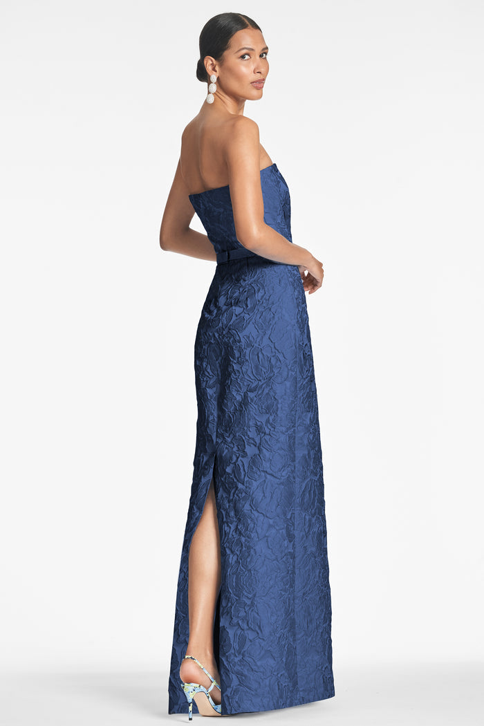 SOPHIA MIDNIGHT BLUE JACQUARD COLUMN GOWN