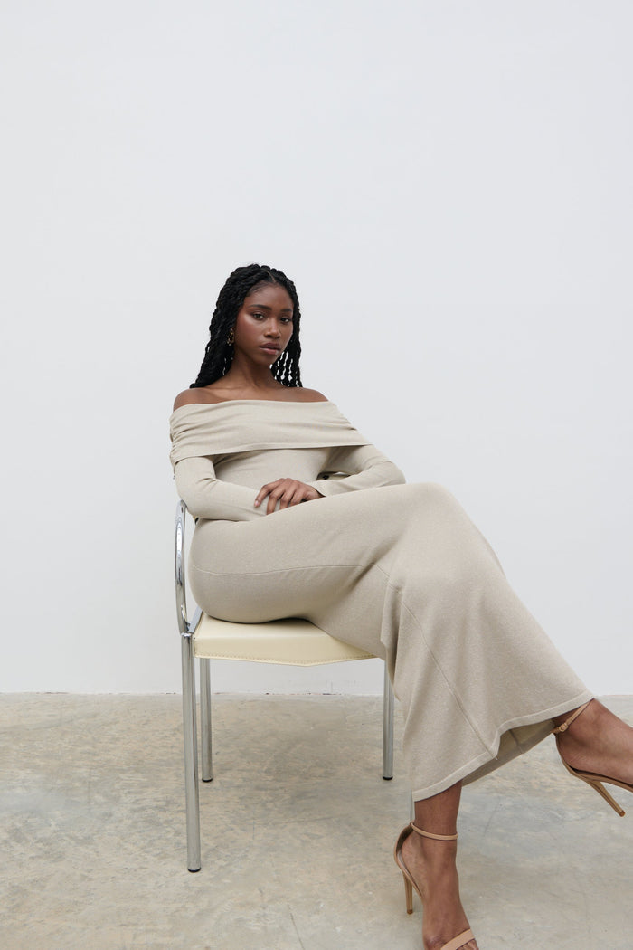 Shilloh Is 5'9" & Wears Size UK S|Soreya Glitter Maxi Dress - Gold