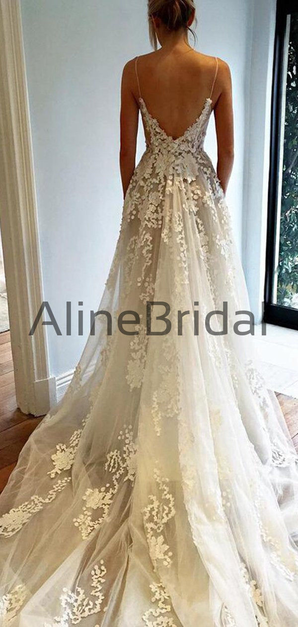Spaghetti Strap Lace Applique Tulle A Line With Train Long Wedding Dresses, WD1115