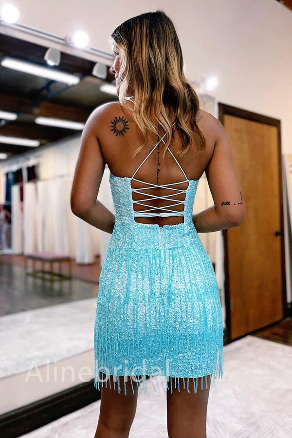 Sparkly Blue Fringes V-neck Short Corset Homecoming Dress, HD3107