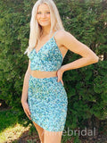 Sparkly Blue Sequins V-neck Two pieces Sheath Short Mini Homecoming Dress, HD3102