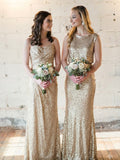Sparkly Gold Sequins Meramid Long Bridesmaid Dress, Maids of Honor Dress, AB4258