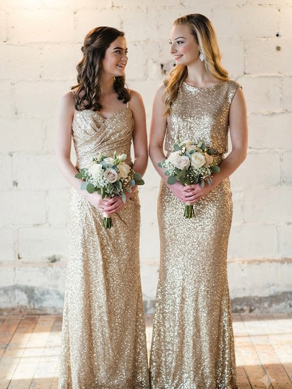 Sparkly Gold Sequins Meramid Long Bridesmaid Dress, Maids of Honor Dress, AB4258