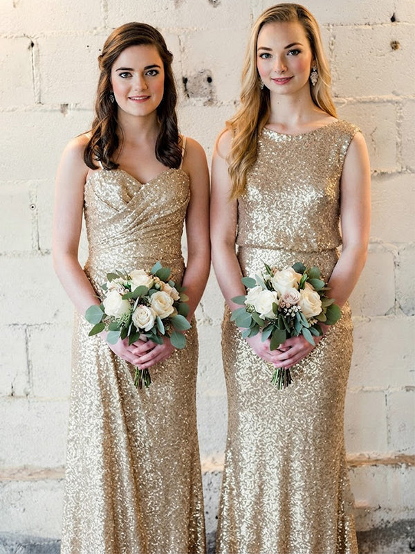 Sparkly Gold Sequins Meramid Long Bridesmaid Dress, Maids of Honor Dress, AB4258