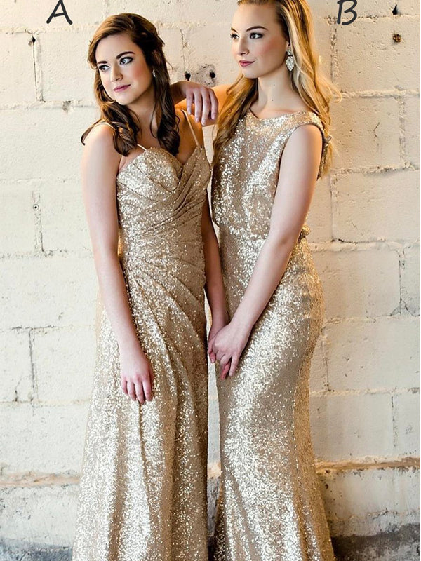 Sparkly Gold Sequins Meramid Long Bridesmaid Dress, Maids of Honor Dress, AB4258