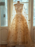 Sparkly Gold Sweetheart A-line Long Tulle Prom Dress, Evening Gown, PD3603