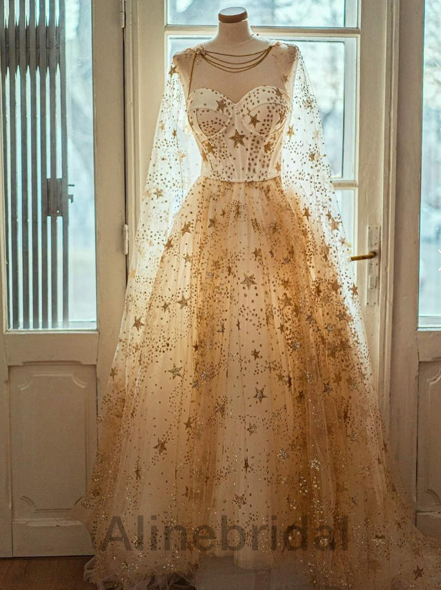 Sparkly Gold Sweetheart A-line Long Tulle Prom Dress, Evening Gown, PD3603